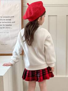 Genkimix Kids 2 件套幼儿女孩秋冬装，宽松圆领浅桃色长袖运动衫，带有可爱的小狗印花，红色格子百褶裙，休闲运动时尚套装 - 彩色 - 查看 2