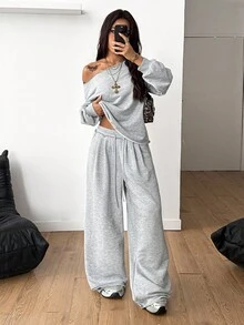 Coolane 女士秋冬四季街头服饰外出露肩长袖灰色运动衫和松紧腰带高腰灰色裤子两件套服装 - 灰色 - 查看 4