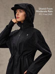 OutZeal Women Water-Resistant Windproof Drawstring Waist Zip Pocket Thumbhole Black Outdoor Shell Jacket Hiking Camping Fall Winter - Black - View 2