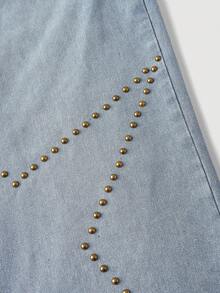 SHEIN MOD Quần jean ống rộng cạp cao dáng rộng dành cho nữ cỡ lớn có túi và thiết kế ngôi sao đính đinh tán, quần jean ống rộng màu xanh lam có đinh tán trang trí, quần denim cạp cao dáng rộng phong cách thường ngày - Rửa trung bình - Xem 3