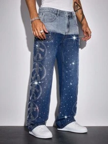 ROMWE MEN Street Life Men's Rhinestone Patchwork Contrast Color Denim Jeans - Blue - View 4