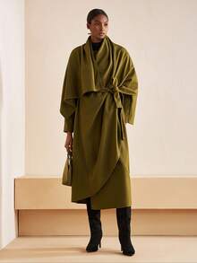 Zivah 2025冬季新款圣诞新年生日派对宴会学院风学生日常外出百搭休闲邮轮旅行网红热销街头风优雅通勤商务休闲不对称领长袖腰带不对称下摆宽松军绿色大衣冬季长款圣诞外套新年外套女式外套 - 橄欖綠 - 查看 6