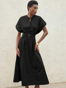 Aveloria Modichic 优雅优雅的女士通勤和约会连衣裙，奢华设计 V 领落肩腰部收腰褶皱连衣裙配腰带 - 黑色 - 查看 5