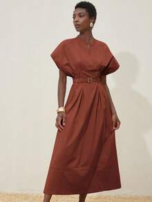 Aveloria Modichic Đầm suông cổ chữ V thanh lịch, trễ vai, eo xếp ly, thiết kế tối giản cho đi làm và hẹn hò, chất lượng cao cấp - Đỏ - Xem 2