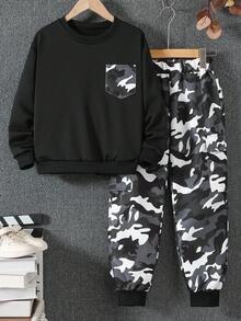 SHEIN 男童户外简约街头风工装裤和连帽衫套装 - 深灰色 - 查看 6