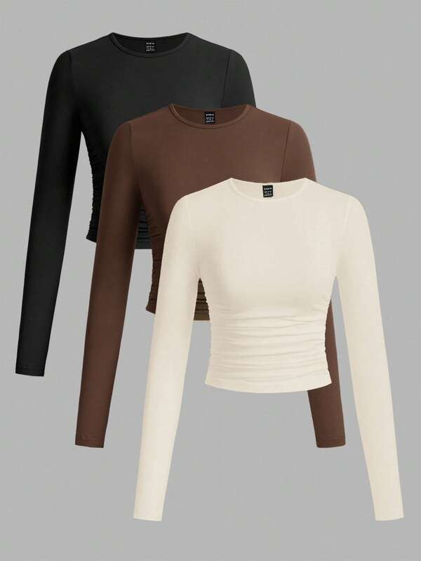 SHEIN EZwear 3pcs/Set Women's Casual Solid Color Crew Neck Ruched Long Sleeve T-Shirts, Autumn/Winter