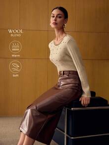 MOTF PREMIUM SUÉTER AJUSTADO CON DETALLE DE PERLAS FALSAS - Albaricoque - Ver 2