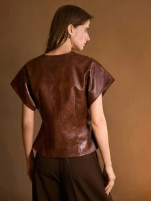 MOTF PREMIUM CHAQUETA DE CUERO PU CON BOTÓN DE METAL ROSA DE ESTILO RETRO Y HOMBROS ANCHOS PARA MUJER - Marrón - Ver 3