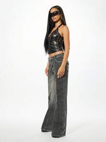 SUMWON WOMEN Cotton Low Rise Washed Denim Flare Jeans With Studded Details And Contrast Stitching For Women - Dark Grey - View 7