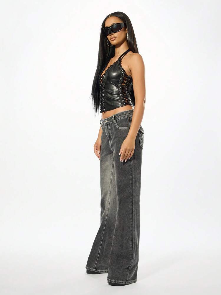 SUMWON WOMEN Low Rise Studded Flare Jeans With Contrast Stitching