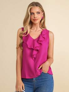 Amorya Ruffle Trim Sleeveless Blouse,Sleeveless Tops Summer Elegant Blouses For Ladies - Hot Pink - View 4