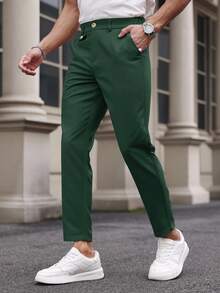 Manfinity Mode 男士休闲简约通勤商务斜口袋纯色长裤 - 墨綠色 - 查看 3