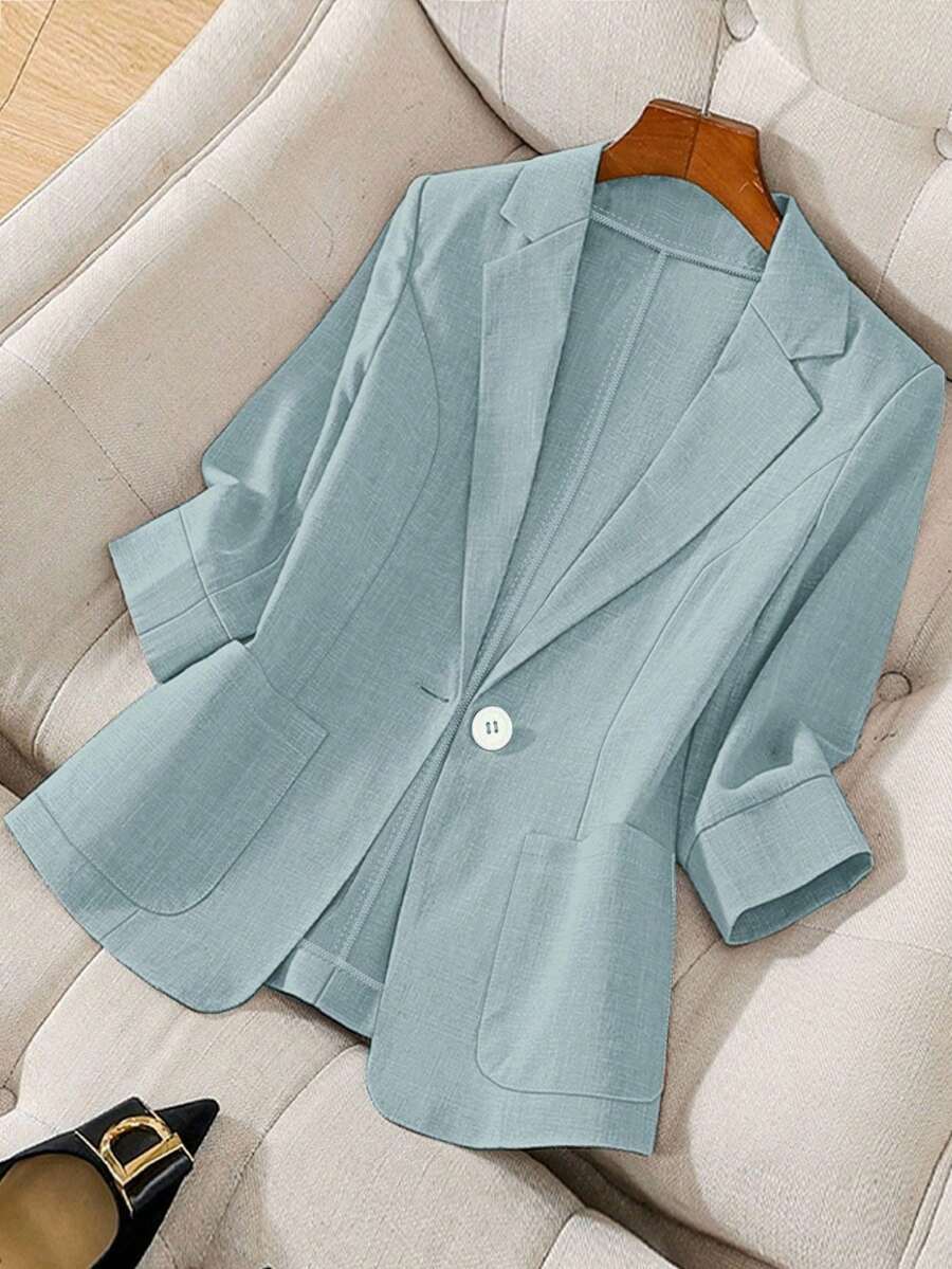 Franclia Áo khoác blazer nữ cổ khoét cài đơn màu trơn thường ngày đi làm - Màu xanh nhạt - Xem 1
