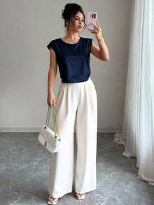 Franclia 女士优雅时尚圆领上衣和褶皱裤两件套