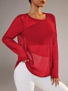 SHEIN Sports Women's Casual Solid Color Drop Shoulder Loose Mesh Long Sleeve Sports T-Shirt, Spring/Summer/Autumn - Red - View 4