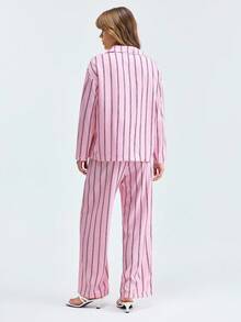 LOUNGEISTA 女士宽松舒适透气条纹长袖睡衣两件套