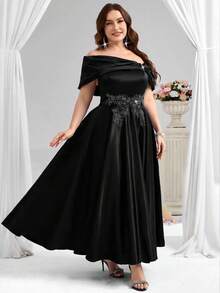 Coutiva Elegant Drop Shoulder Asymmetrical Collar With Applique Design And Wide Swing Satin Ball Gown, Suitable For Birthday Party, Graduation Ceremony, Wedding Guest, Back To School Party