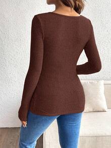 SHEIN Maternity Nursing Casual Solid Color Round Neck Fitted Long Sleeve T-Shirt, Autumn Pregnant Long Sleeve Maternity Top Fall - Coffee Brown - View 2