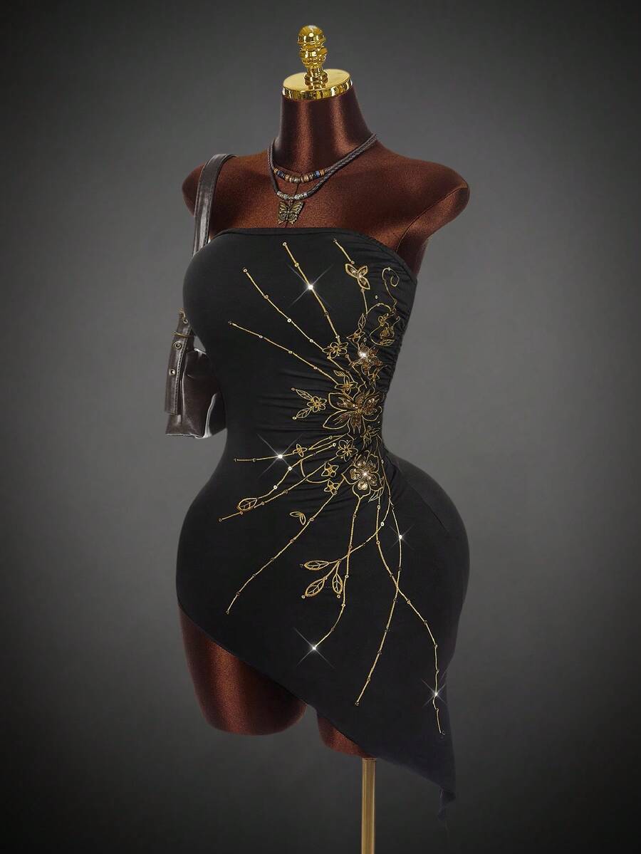 Amplova 万圣节秋季嬉皮风格水钻装饰短腰女式迷你连衣裙 - 黑色 - 查看 1