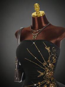 Amplova 万圣节秋季嬉皮风格水钻装饰短腰女式迷你连衣裙 - 黑色 - 查看 5