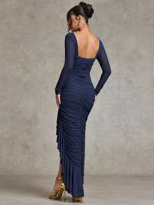 SHEIN BAE 秋季服装长袖连衣裙网纱连衣裙荷叶边连衣裙鱼尾裙优雅茶歇约会旅行装浪漫甜美长裙 - 藏蓝色 - 查看 2