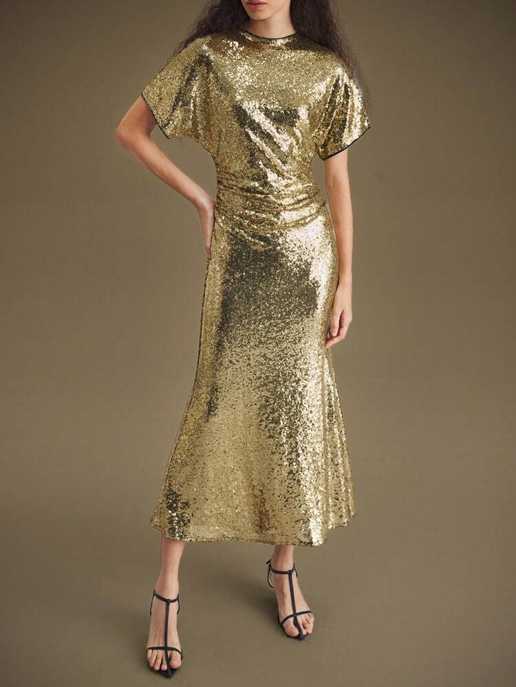 Women's Elegant Gold Sequin Maxi Dress,Summer Birthday Dinner Party Dress,Shiny Flutter Sleeve Fitted Extra Long Gown For Wedding Guest & Christmas