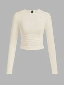 SHEIN EZwear 3pcs/Set Women's Casual Solid Color Crew Neck Ruched Long Sleeve T-Shirts, Autumn/Winter