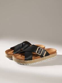 Solecia 女士草编圆头平底厚底休闲度假海滩派对下午茶一脚蹬凉鞋，杏色 - 黑色 - 查看 2