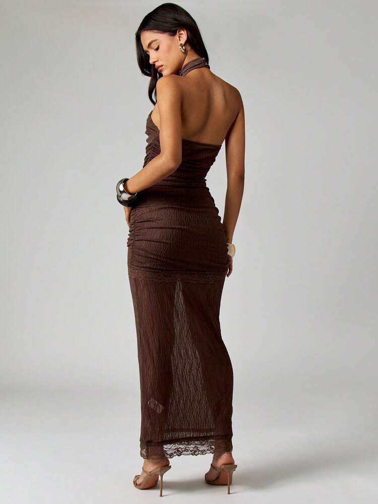 MISSGUIDED Abito midi con scollo a canottiera arricciato, con bordo in pizzo, elegante per eventi serali, feste, matrimoni, abito da cerimonia lungo e attillato per occasioni speciali