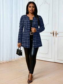 SHEIN Lady Veste de costume à carreaux élégante et ouverte sur le devant pour femmes grandes tailles. Tenues d'été pour femmes, robes d'été pour femmes, tenues de vacances pour femme, tenues de plage pour femme, robe de témoin de mariage pour femme, robes d'anniversaire pour femmes, tenue décontractée chic imprimé guépard pour femme, tenues d'anniversaire pour femmes, tenues d'automne pour femmes - Bleu marine - Voir 4