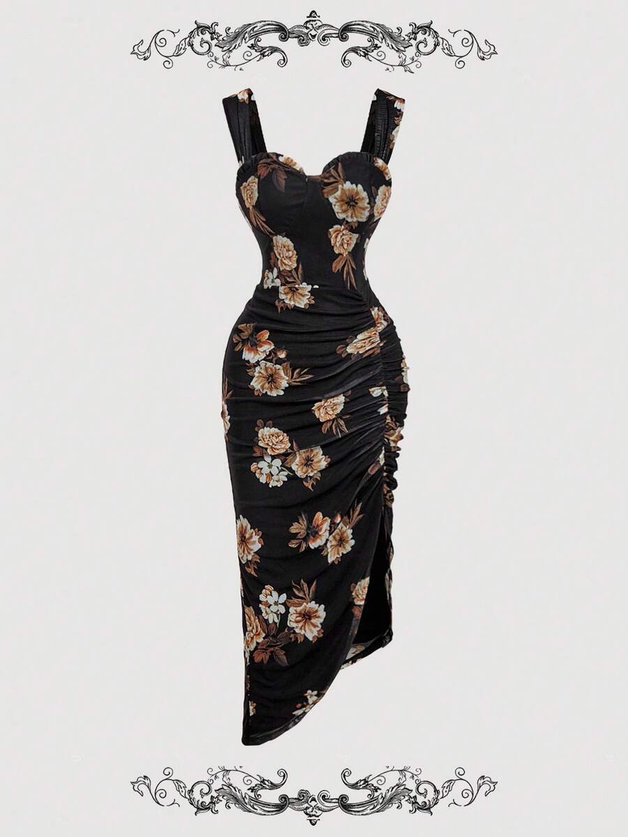 SHEIN MOD Váy xẻ tà họa tiết hoa đen xếp ly bất đối xứng dành cho nữ, váy xếp ly họa tiết hoa đen, trang phục Halloween, Giáng sinh, Thu/Đông cho nữ, trang phục đi chơi - Nhiều màu - Xem 1