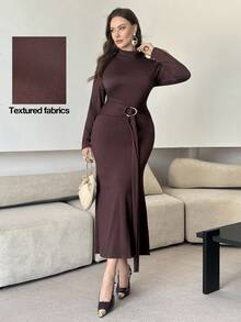 Modelyn Gestricktes Midikleid mit Rollkragen, Langarm und Struktur in Große Größen, Lässig für Frühling & Herbst - Schokoladenbraun - Übersicht 1