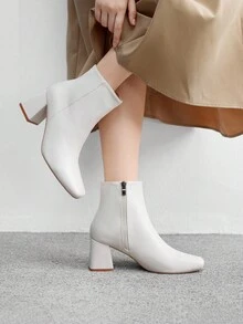 CUCCOO BIZCHIC Giày bốt nữ thời trang mũi vuông, gót chunky, màu be, kiểu dáng tối giản cổ điển, đa năng, có khóa kéo bên hông, phù hợp đi làm, đi mua sắm, mặc hàng ngày, mùa thu/đông. - Màu be - Xem 3