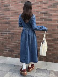 FRIFUL Women's Casual Washed Front Button Denim Dress, Autumn Denim Maxi Dress Women Jean Dress Long Sleeve Denim Dress Women Denim Dress - Blue - View 4