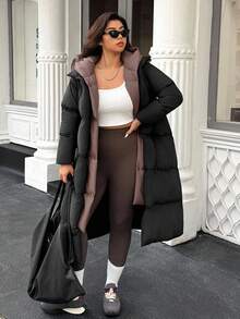 Easura Plus Size Casual Warm Color Block Hooded Padded Coat, Winter Long Jacket For Women Women Winter Clothes Outerwear Women