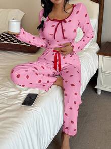 SHEIN Strawberry Print Long Sleeve Top & Pants Pajama Set, Two Pieces Set, Fall Winter Clothes - Pink - View 6