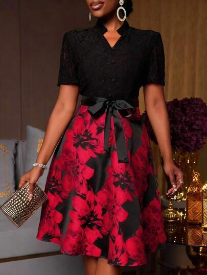 Lunelith SHEIN Lunessa Lace Jacquard Fabric Splice V-Neck Belted Wrap Elegant Mid-Length Dress For Women