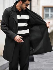 Manfinity Bizformal 男士纯色简约休闲长袖风衣男式风衣男式长外套男士外套黑色风衣双排扣风衣双排扣风衣男士黑色风衣男士风衣男士长外套男士外套，秋季 - 黑色 - 查看 7