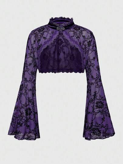 Plus Size Gothic Versatile Slit Bell Sleeve Women Retro Flocked Cardigan Top