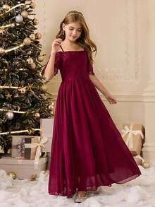 Elegant Burgundy Traditional Wedding Dress For Tween Girls,Luxurious Off Shoulder Short Sleeve Long Mesh Summer Gown For Party,Banquet,Flower Girl - Burgundy - View 3