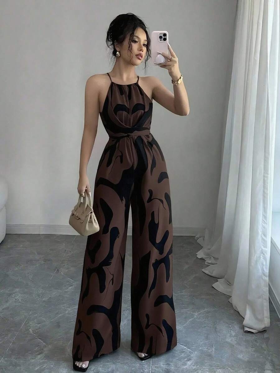 Elenzga 女士印花面料束腰连体裤，优雅度假和日常穿着 - 巧克力棕 - 查看 1