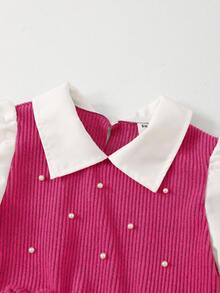 Girls' 2pcs Casual Shirt Set,Pink Pearl Bow Design Beaded Knit Ribbed Top With Flared Pants,First Birthday Autumn Outfit For Teens,Back To School - Hot Pink - View 5