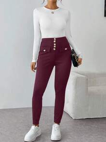 EMERY ROSE Women's Casual Solid Color Slim Fit Pants - Red Violet - View 3