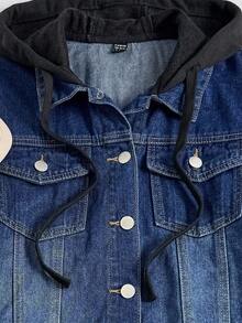 Comfortcana Raw Hem Drawstring Hooded Denim Jacket, Fall Women Clothes - Dark Wash - View 3