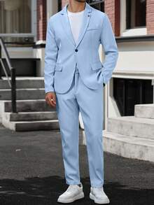 Manfinity Mode Blazer e calças masculinos de cor sólida, gola alta, manga comprida, conjunto casual, terno masculino, terno masculino, terno formal masculino, ternos para homens - Baby Azul - Ver 6