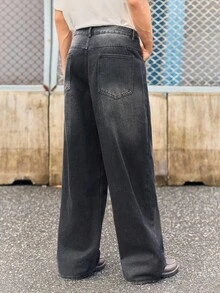 STONE DISTRICT 1pc Men Loose Casual Wide Leg Distressed Vintage High Street Washed Wide Leg Jeans, Denim Jeans, Denim, Fall, Winter Spring To Summer , Retro American, Unisex, Relaxed Fit Summer Outfits – Suitable For Everyday Wear And Summer Holiday Outfits. - Black - View 2