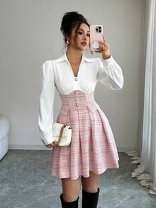 Elenzga 女式复古拼布格子腰喇叭迷你长袖连衣裙，适合约会、聚会、音乐节、狂欢节等，春秋季 - 紅白色 - 查看 4