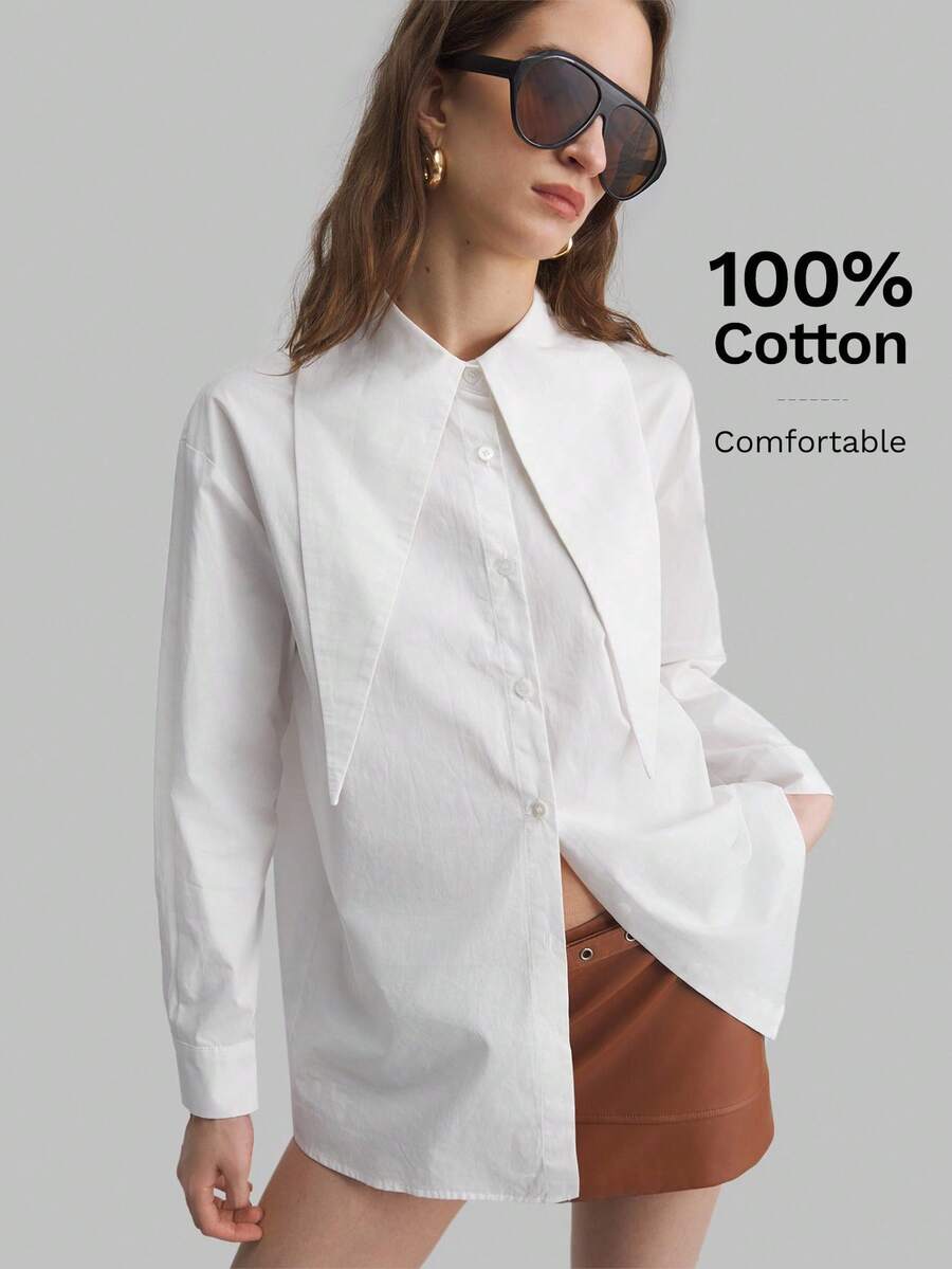 Ontre Îmbrăcăminte practică și versatilă pentru femei 2025, cămașă din bumbac pentru sărbători, guler supradimensionat cu mânecă lungă, ținută casual la modă de zi cu zi, design cu cravată și guler extra lung, cămașă casual business din bumbac pur pentru femei, ținută casual elegantă cu mânecă lungă și guler exagerat alb