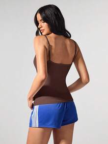 Menodora SHEIN Sport Áo hai dây dệt kim bó sát màu trơn thường ngày - màu nâu - Xem 2