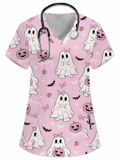PopScrub Halloween V-Neck Short Sleeve Double Pocket Cute Halloween Pumpkin, Ghost, Bow, Bat, Pumpkin Lantern, Halloween Ghost Pumpkin Cartoon Print Nurse/Doctor Work Uniform Top/Health Check Surgery Uniform/Solid Color Pet Grooming Work Uniform Top/Nutritionist Work Uniform Short Sleeve/Lab Work Uniform, Multi-Pocket Functional Work Shirt, Summer Women Top, Halloween Women Top, Trick Or Treat, Halloween Party, Halloween Decor, Spooky, Adorable